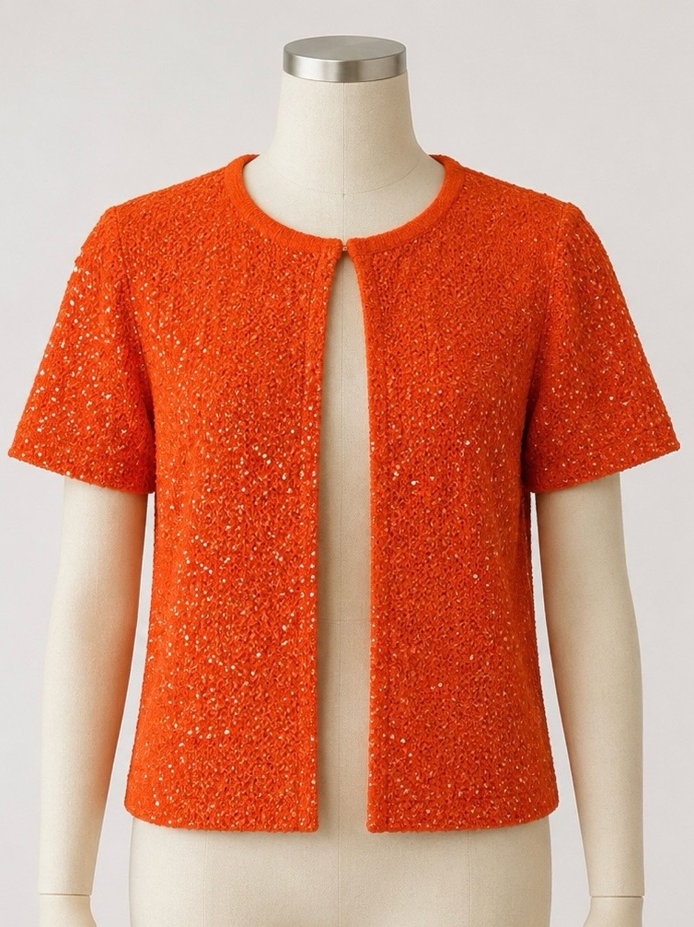 Zara Sequin Sparkles Knit Cardigan Top Orange Open Front Short Sleeve Size M